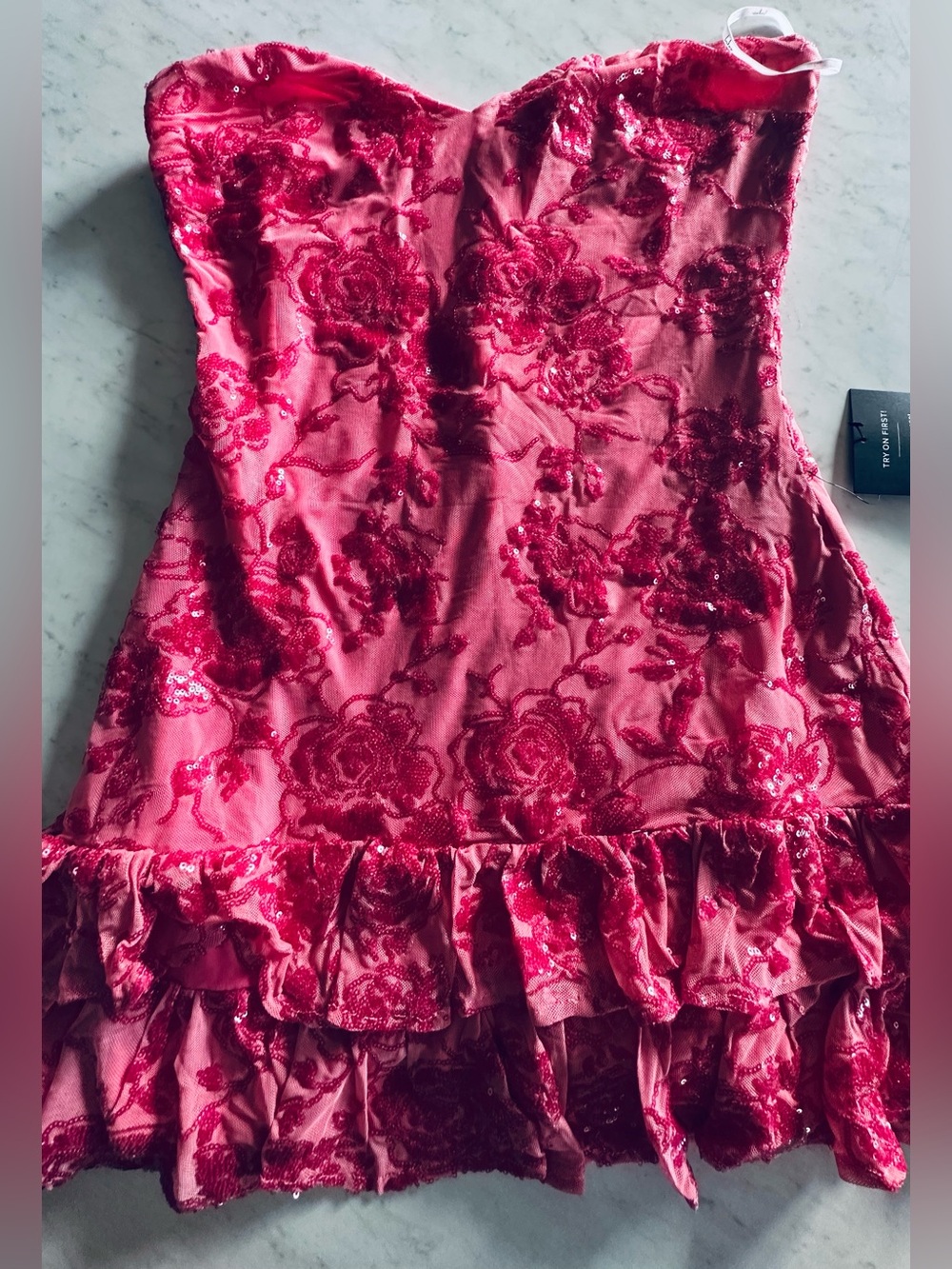 NWT Lulus Pink Floral Sequin Strapless Ruffle Mini Dress Size L